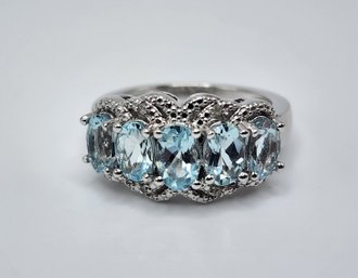 Blue Aquamarine & Round White Diamond Accent Rhodium Over Sterling Ring