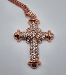 Austrian Crystal Cross Pendant Necklace In Rosetone