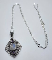 Bali, Rainbow Moonstone & Amethyst Pendant Necklace In Sterling