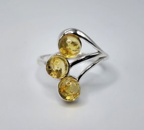 Yellow Amber 3 Stone Ring In Sterling Silver