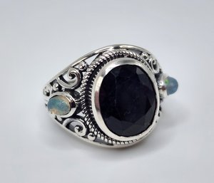 Australian Midnight Sapphire, Ethiopian Welo Opal Ring In Sterling Silver