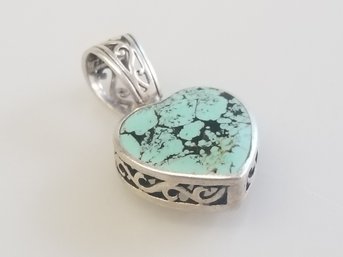 Thai Silver & Turquoise Filigree Reversible Heart Pendant .925