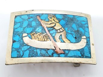 Vintage Alpaca Taxco Mexico Sterling Silver, Turquioise & Mixed Metals Inlaid Belt Buckle Man On Boat(bag BB)