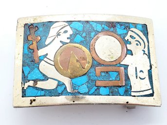 Vintage Alpaca Taxco Mexico Sterling Silver, Turquioise & Mixed Metals Inlaid Belt Buckle Warriors (Bag BB)