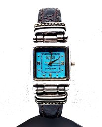 Nice Ecclissi Sterling Silver 925 & Turquoise Ladies Watch With Brown Croco Look Leather Band