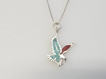 Sterling Silver Turquoise & Coral Inlay Navajo Eagle Pendant With Chain