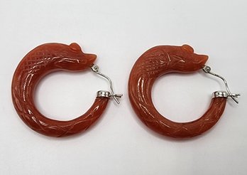 Red Jade Carved Phoenix Hoop Earrings In Rhodium Over Sterling