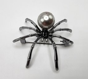 Antique Silver Spider Brooch With Faux Grey Pearl
