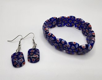 Royal Blue Murano Style Stretch Bracelet & Earrings In Stainless