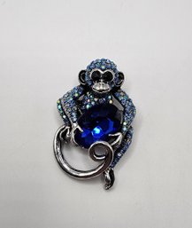 Crystal & Blue Glass Monkey Brooch Or Pendant In Stainless