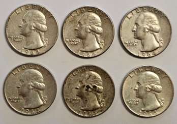 6 1964 SILVER Washington Quarters (1 D Mint Mark)