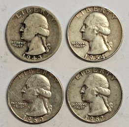 4 SILVER Washinton Quarters 1943S, 1954,1960,1962D