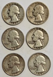 6 SILVER Washington Quarters1939,1945S,1954,1958D,1960,1963D