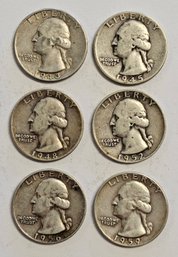 6 SILVER Washington Quarters 1943,1945,1948D,1952D,1956,1959