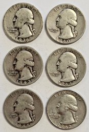 6 SILVER Washington Quarters 1936,1940,1943,1944,1945,1962D