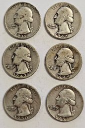 6 SILVER Washington Quarters 1935,1942,1943D,1945,1950D,1957