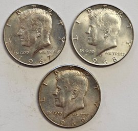 3 40 SILVER KENNEDY HALF DOLLARS 1967,1968D,1969