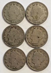 6 LIBERTY HEAD NICKELS 1900,1902,1906,1907,1911,1912