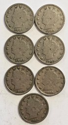 7 LIBERTY HEAD NICKELS 1901,1903,1904,1905,1908,1909,1910