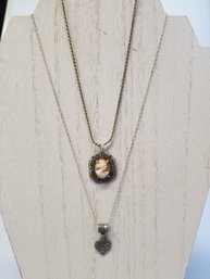 Art Deco Filigree Cameo Necklace & Paw Print Heart Necklace