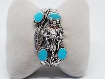 Beautiful Very Ornate Sterling Silver Turquoise & Coral Owl Themed Hinged Bangle Bracelet(Bag GG)