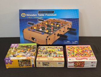 NIB Wooden Table Foosball And 3 Used Puzzles