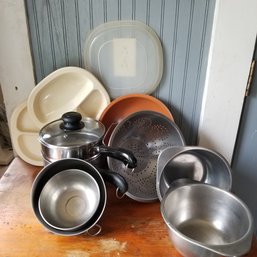 Cookware Lot - Stainless Bowls, Strainer, Double Boiler, Nonstick Frying Pan