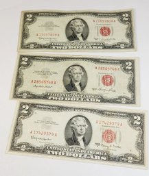 3 Red Seal $2 Dollar Bills  United States Notes (1953,1963)