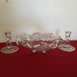 Silver Overlay Bowl And Pair Of Candle Holders