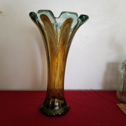 Vintage Yellow Brown Glass  10' Glass Vase