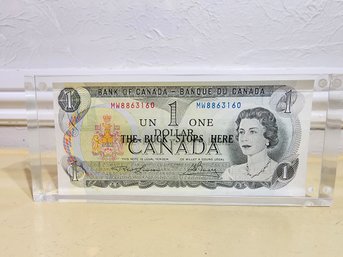 'The Buck Stops Here' 1973 Canadian Dollar Encased In Plexiglass