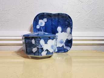 Blue And White Lidded Bowl And Dish - Made In Japan