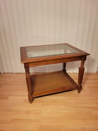 Mid Century Modern MCM Oak Side Table With Recessed Glass