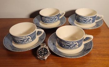 Currier And Ives Royal China Steamship Print Set Of 4 Cups And Saucers. .        -     -         Loc: Cab 2