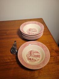 Currier And Ives Pink Soup / Salad Bowls.   Set Of 6