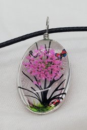 Beautiful 1' Glass Oval Tree Pendant On A 16-18' Rope Necklace