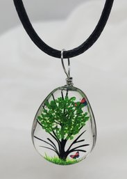 Beautiful 1' Glass Teardrop Tree Pendant On A 16-18' Rope Necklace