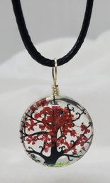 Beautiful 1' Glass Round Tree Pendant On A 16-18' Rope Necklace