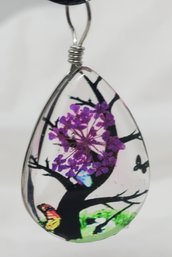 Beautiful 1' Glass Teardrop Tree Pendant On A 16-18' Rope Necklace