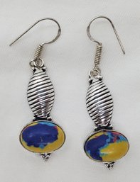 Pair Of Silver Plated Earrings With Mosaic Jasper Stones ~ 1' Long