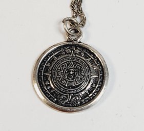 Mexico Sterling Silver Aztec Mayan Calendar Pendant And Necklace