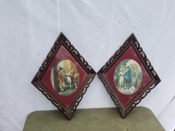 Pair Of Vintage Mid Century Diamond Framed Victorian Scenes