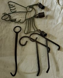 Lot Of Iron Hooks, Fireplace 8' Damper And Iron Bird With Bells