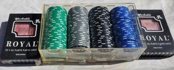Box Of Poker Chips And 2 Packs Of New Playing Cards Never Used