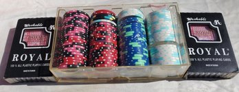 Box Of Pokerchips And 2 New Packs Of Playing Cards