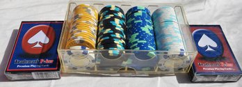 Box Of Poker Chips And 2 Packs Of Playing Cards Ever Used