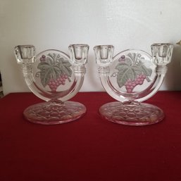 Pair Of Double Glass Candle Sticks