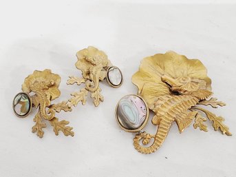 Vintage Retro Mixed Metals & Abalone Seahorse Brooch & Clip On Earrings Set