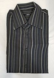 Men's Hugo Boss Black & Gray Striped Long Sleeve Shirt - Size 39-17.5
