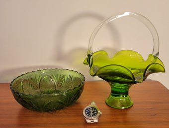 Viking Glass Georgian Pattern Emerald Basket And And A Bowl.             Loc: Cab4